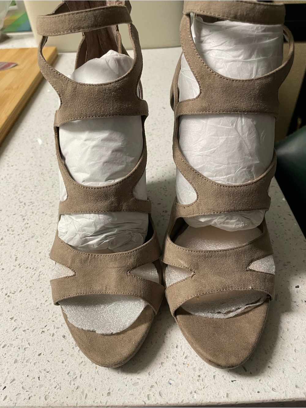 Jessica Simpson Taupe Wedge Suede Strappy High Heel Sandals